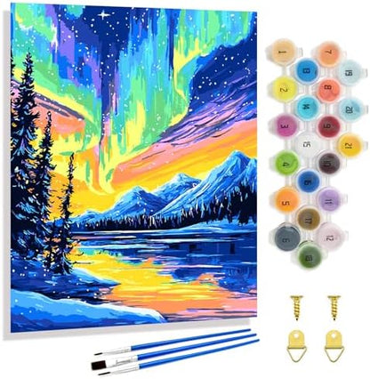 Yunnuo Northern Lights Paint by Numbers Kit for Adults Beginner, Landscape Aurora Scenery Number Painting with Brush and Acrylic Paint for Gift and Home Wall Decor 16x20 Inch by Yunnuo-premiumdiyartpaintingkits