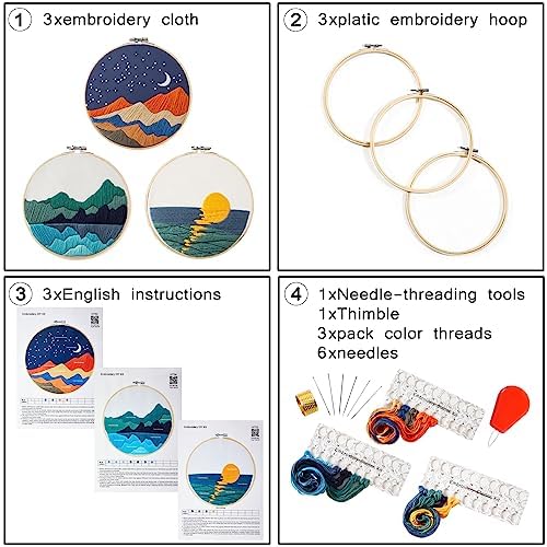 Embroidery Kits for Beginners Adults, Stamped Cross Stitch kits for Adult Beginners Embroidery Starter Kit with Pattern, 3 Embroidery Hoop and Fabric, Needles Threads (Attached Teaching Video QR Code) - Image 6