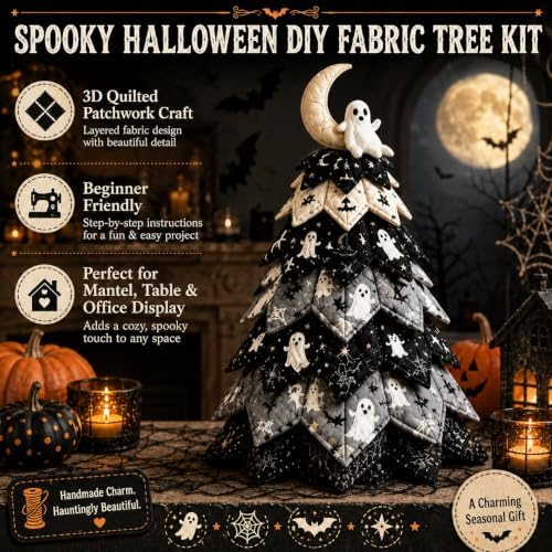 Muhubaih DIY Halloween Christmas Quilted Fabric Tree Kit, 3D Padded Patchwork Sewing Craft Kit for Beginners, Home Office Mantel Shelf Tabletop Decor, Handmade Holiday Gift for Craft Lovers - Image 2
