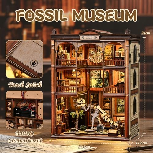 Dinosaur Museum Book Nook Kit - 3D Wooden Puzzle & DIY Miniature Dollhouse with LED Warm Light | Vintage Bookshelf Insert & Sturdy Bookends | Premium Creative Gift for Adults& Book Lovers - Image 3