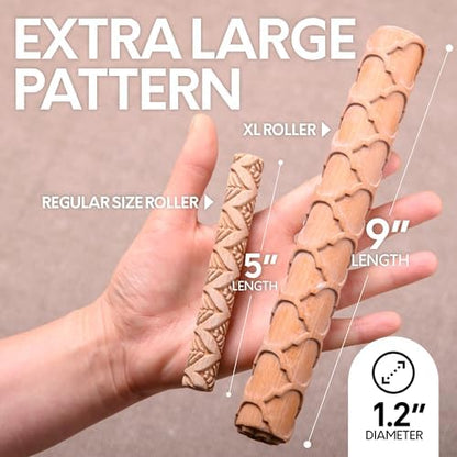 Byllstore Extra Large Clay Texture Rollers with Pottery Stamps | 3 Texture Rollers | 6 Clay Stamps | 3-Pack (9" x 1.2", 3 Pack) - Image 3