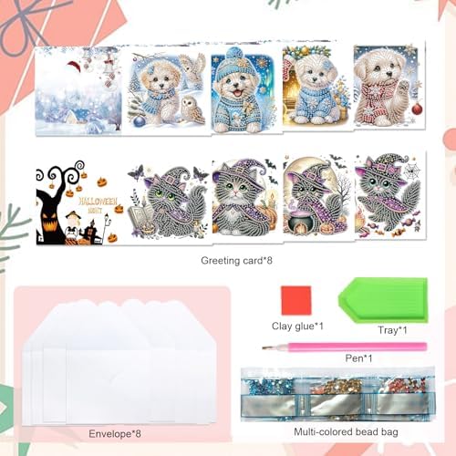 MVVMTOP 8pcs Diamond Painting Greeting Cards- Christmas Puppy & Halloween Kitten Cards for Blessings and Wishes, Special Shape Crystal Partial, Paper Material, DIY Gifts for Christmas Day Halloween - Image 3