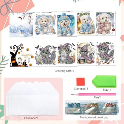 MVVMTOP 8pcs Diamond Painting Greeting Cards- Christmas Puppy & Halloween Kitten Cards for Blessings and Wishes, Special Shape Crystal Partial, Paper Material, DIY Gifts for Christmas Day Halloween - Image 3