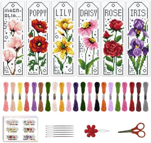 ACRNIGHEET 6PCS Cross Stitch Bookmark Kits for Beginner Flower Crossstitch Kits Adult Rose Daisy Lily Stamped Embroidery Bookmarks with Accessories for Adults Craft Gift 11CT by ACRNIGHEET