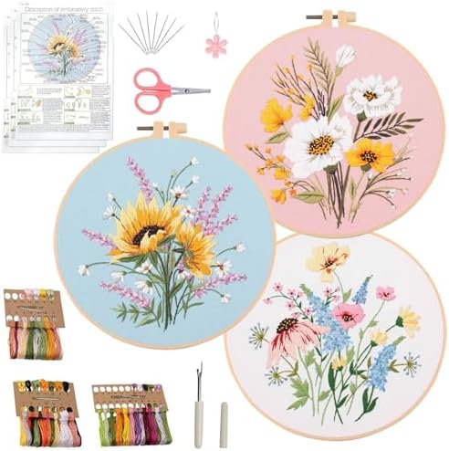 Ohcol 3 Sets Embroidery Kit,Cross Stitch Kits Needlepoint Kits for Adults Beginner,Needle Point Kits with Washable Pre-Printed Floral Pattern,Hoops,Women DIY Hand Crafts by Ohcol