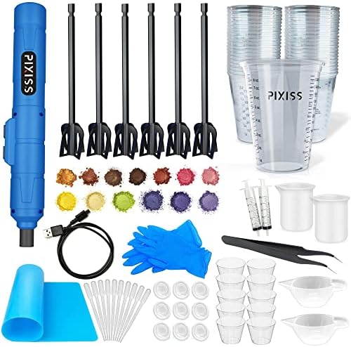 Pixiss Premium Resin Mixer, Handheld Rechargeable Epoxy Mixer Pro Grade, Stirrer for Resin, DIY Crafts Tumbler, Minimize Bubbles - Ultimate Kit with 15 Mica Powder, Bundle E (Ultimate) by PIXISS