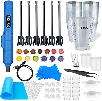 Pixiss Premium Resin Mixer, Handheld Rechargeable Epoxy Mixer Pro Grade, Stirrer for Resin, DIY Crafts Tumbler, Minimize Bubbles - Ultimate Kit with 15 Mica Powder, Bundle E (Ultimate) by PIXISS