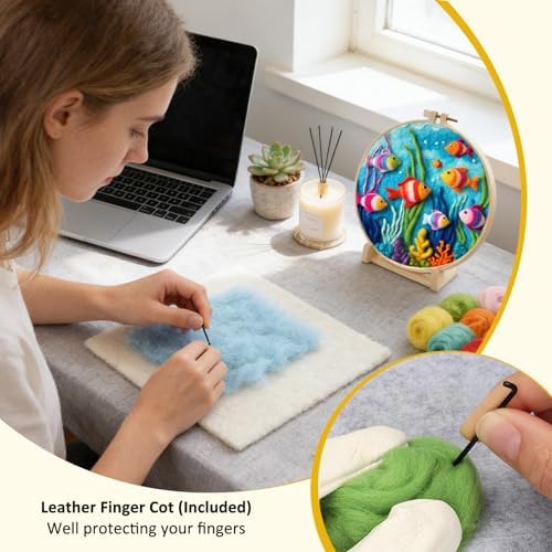 Zovylks Needle Felting Kit for Adults, 7.9 Inch Wool Felt Painting DIY Craft Set for Beginners, Needle Felt Starter Kit with Picture Frame, Foam Pad, Finger Cot (Goldfish) - Image 5