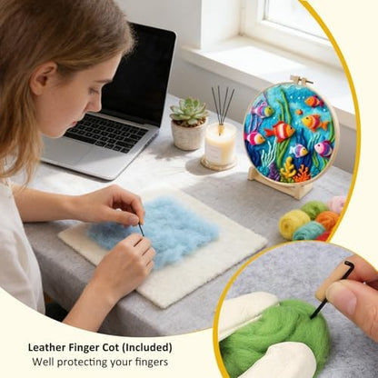 Zovylks Needle Felting Kit for Adults, 7.9 Inch Wool Felt Painting DIY Craft Set for Beginners, Needle Felt Starter Kit with Picture Frame, Foam Pad, Finger Cot (Goldfish) - Image 5