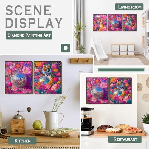sdfkmlcdl Trendy Retro Disco Ball Tiger Diamond Art Kits for Adults, Maximalist Pink Flower Tiger Full Drill Diamond Painting Kits for Adults Beginners 3 Pack, 9.8x11.8 Inch - Image 2