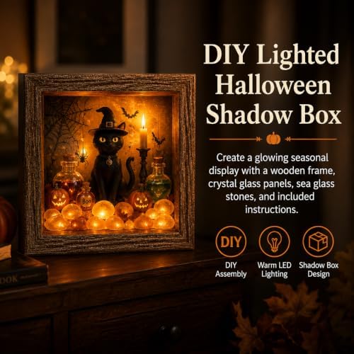 DIY Halloween Shadow Box Night Light Kit, 8.5 Inch Wooden Frame LED Craft Set with Luminous Stones & Acrylic Panels, Create Your Own Spooky Ghost & Pumpkin Scene, Fall Autumn Tabletop Home Decor - Image 4