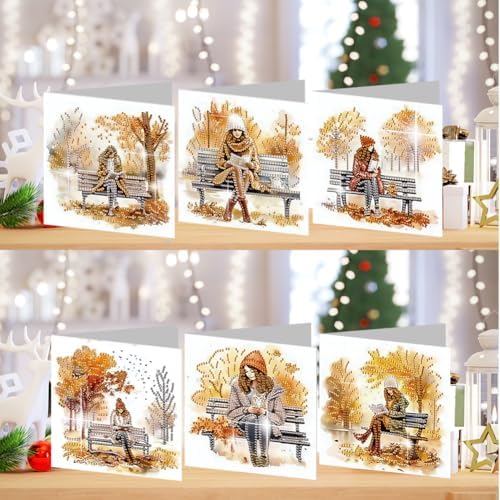 jinglinhh 6pcs Diamond Art Painting Autumn Park Bench Girl Greeting Cards with Envelopes, DIY Card Making Kits for Adults, Diamond Art Postcards Christmas Cards Craft Gifts - Image 4