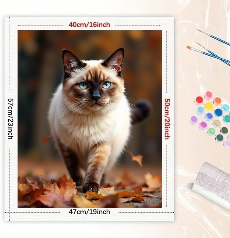 TAOPAOLAB Autumn Siamese Cat Paint by Numbers Kit for Adults - DIY Fluffy Blue-Eyed Cat with Leaves Painting on Canvas 16x20 Inches, Acrylic Paint Set, Suitable for Beginners, Pet Art for Decoration - Image 2