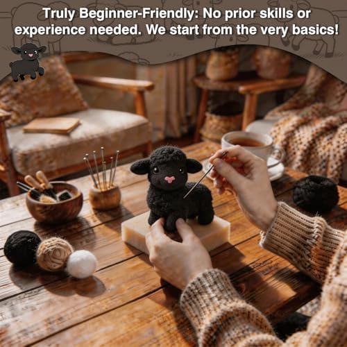 FACE N FACE DIY Needle Felting Kit Cute Black Lamb Standing – Needle Felting Starter Kit with Fiber Roving, Needles, Felting Pad & Instructions | Felted Farm Animal Kit for Beginners Adults - Image 4