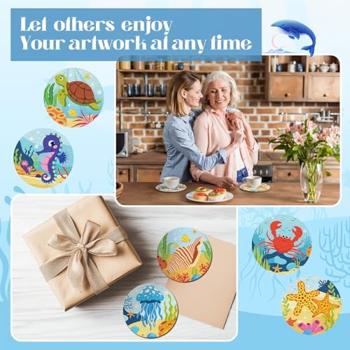 Reallnaive 45 Pcs Ocean Wooden Coasters Painting Kit, 4 Inch Paint Your Own Boho Coasters with Markers, Arts and Crafts for Adults Women Seniors Elderly Crafters Gifts - Image 5
