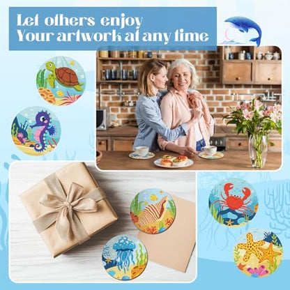 Reallnaive 45 Pcs Ocean Wooden Coasters Painting Kit, 4 Inch Paint Your Own Boho Coasters with Markers, Arts and Crafts for Adults Women Seniors Elderly Crafters Gifts - Image 5