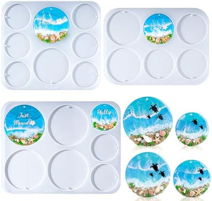 LET’S Resin 21-Cavities Keychain Resin Molds with Hole, 4 Sizes 2.95'' 2.76'' 2.36'' 1.97'' Flat Circle Round Silicone Molds for Resin, Epoxy Resin Molds for DIY Christmas Ornaments,Wedding Favor by LETSRESIN