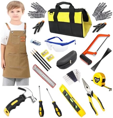 38-Piece Kids Real Tool Set with Tool Bag & Woodworker Apron, Hand Saw, Children Construction Tools for Ages 6+, Boys & Girls Birthday Gift for DIY Building and Woodworking by QeeHeng