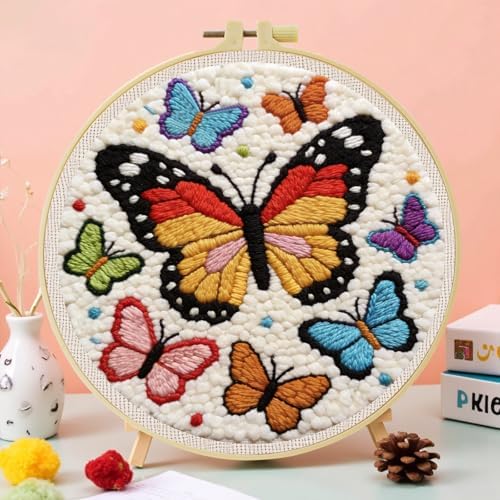 JOZYSH Punch Needle Embroidery Starter Kits for Beginners Cute Snow-White cat Curled up Comfortably on a Branch Adorned Hoops,Color Threads,Instructions and Needles,DIY Adults Embroidery (Butterfly) - Image 5