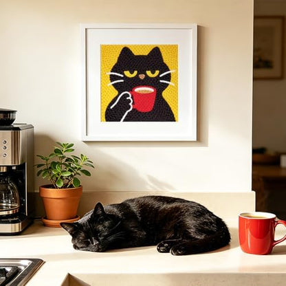 DOODLREAM Cat Drinking Coffee Needle Kit for Beginner, 9.4"x 9.4" Cute Black Cat Punch Stitching Craft Set, Color DIY Embroidery Starter with Printed Frame, Instruction, Threader, Yarn, Pinch Needle - Image 6