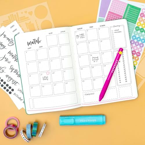 PAPERAGE Bullet Journal Kit, Dotted Journaling Set & Stationary Kit, Hardcover Dotted Journal Notebook (Navy), 12 fineliner Pens, 8 Sticker & 3 Stencil Sheets, 6 Washi Tapes - Image 5