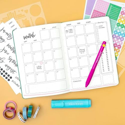 PAPERAGE Bullet Journal Kit, Dotted Journaling Set & Stationary Kit, Hardcover Dotted Journal Notebook (Lavender), 12 fineliner Pens, 8 Sticker & 3 Stencil Sheets, 6 Washi Tapes - Image 5
