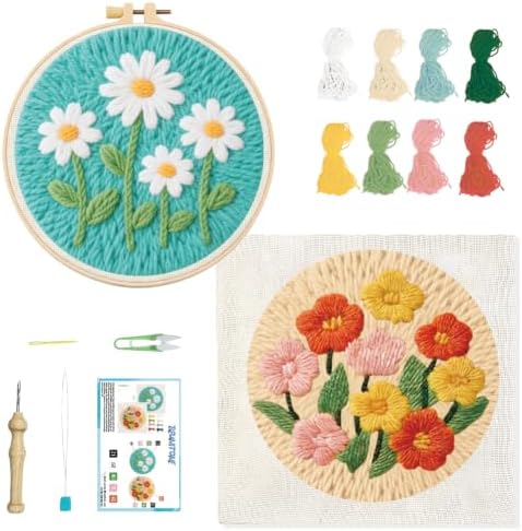 BEUNITONE 2PCS Flower Punch Needle Kit for Adults Beginners, Complete DIY Craft Needlepoint Kits with Hoop, Punch Needle Starter Craft Embroidery Set for Handmade Decor & Floral Stitching Projects by BEUNITONE