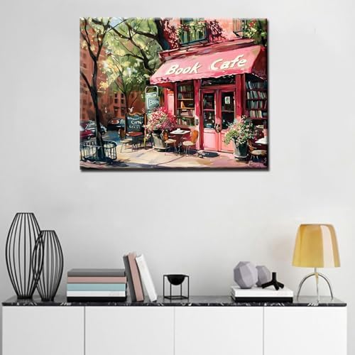 Book Cafe Paint by Numbers Kits for Adult Beginners Watercolor Book Store Paint by Numbers Book Theme Painting Kits on Colored Canvas Art Set Gift for Home Decor Without Framed 16''W x 20''H - Image 3
