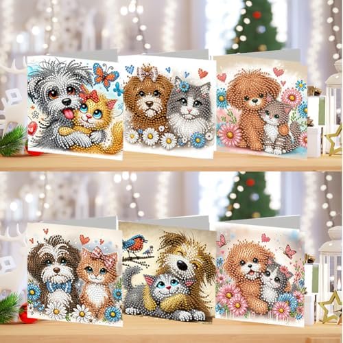 jinglinhh 6pcs Diamond Art Painting Cats and Dogs Hugging Greeting Cards with Envelopes, DIY Card Making Kits for Adults, Diamond Art Postcards Christmas Cards Craft Gifts - Image 4