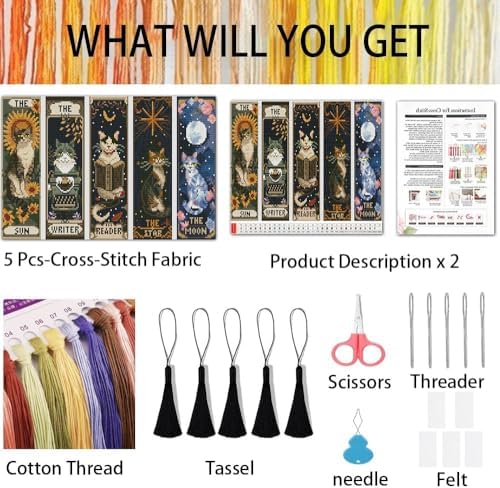 NEGEKFKX 5 Pcs Tarot Cat Cross Stitch Bookmark Kit for Adult Beginners - Image 2
