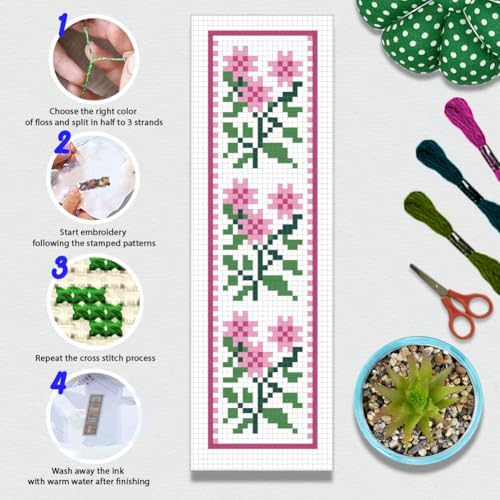 BEUNITONE Cross Stitch Bookmark Kit 6 Pcs Flower DIY Bookmarks Cross Stitch Kits for Adults Beginners with Instructions Cute Pre-Sorted Floss Cross-Stitch Stamped Embroidery Kit for Gifts 8''x2.4'' - Image 4