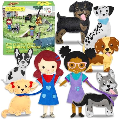 CRAFTILOO 8 Pre-Cut Dogs Stuffed Animal Fun Kids Sewing Kit for Kids Ages 8-12 Children Beginners Sewing kit Kid Puppy Crafts Felt Pillow Plush Craft Kit Girls and Boys by Craftiloo