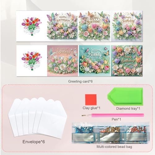 JISHSHAY 6 PCS Diamond Painting Happy Birthday Cards Flower Diamond Art Greeting Cards with Envelopes Tulip Gem Art Gem Painting Embroidery Kit Mosaic Kits for Adults with Special Shape Drills - Image 3
