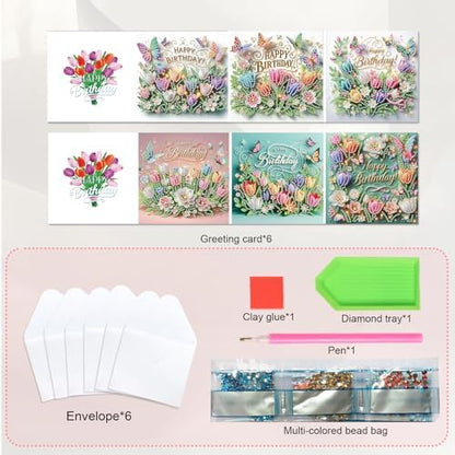 JISHSHAY 6 PCS Diamond Painting Happy Birthday Cards Flower Diamond Art Greeting Cards with Envelopes Tulip Gem Art Gem Painting Embroidery Kit Mosaic Kits for Adults with Special Shape Drills - Image 3