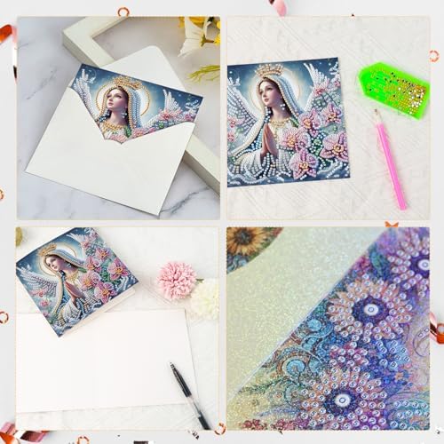 6 Pcs 5D Rhinestone Painting Greeting Cards Kits, Handmade Diamond Art Greeting Cards with Envelopes Holographic Laser Effect DIY Diamond Art Crafts Birthday Cards for Festival Celebrations (Religion) - Image 4