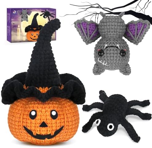 Crochetta Crochet Kit for Beginners, Halloween Decorations, Pumpkin Spider Bat Crochet Animal Kit for Adults and Kids with Step-by-Step Video Tutorials, DIY Knitting(40%+ Yarn) by Crochetta