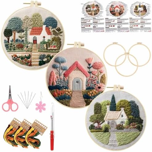 3 Packs Embroidery Kit for Adults, Embroidery for Beginners (Cottage) by Unknown