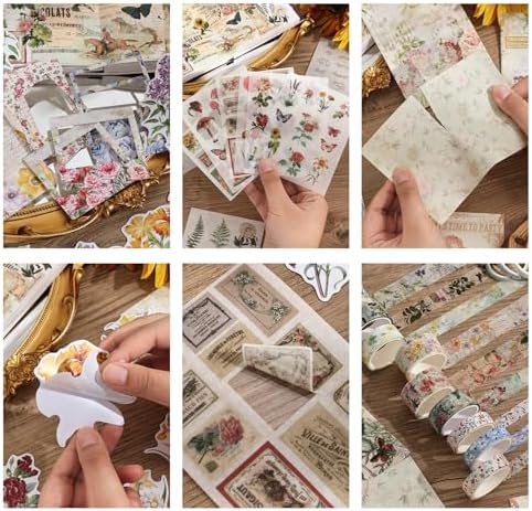 Vintage Botanical Scrapbooking Supplies Kit, Aesthetic Flower Scrapbook Kit for Bullet Junk Journal, 12 Rolls Washi Tape, Stickers Papers for DIY Journaling Supplies, Craft Gift for Girl Women - Image 4