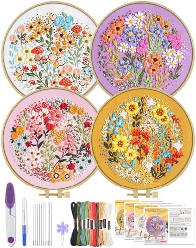ERKOON 4 Sets Embroidery Kit for Beginners,Hummingbird and Flower Cross Stitch Set for Include Embroidery Cloth Hoops Threads for Craft Lover Hand Stitch (Flower) by ERKOON