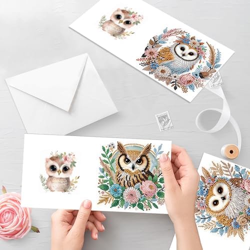Tontut 6pcs Diamond Painting Kit Greeting Card, Owl 5D DIY Diamond Handmade Holiday Greeting Card with Envelope, Christmas Gift Congratulation - Image 6