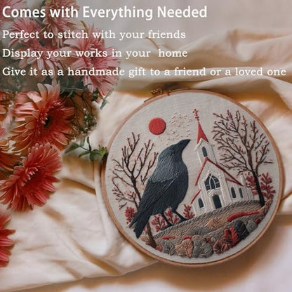 FONNUY Embroidery Kit, Featuring Crow and Landscape Patterns, Cross Stitch Kits for Both Adults and Beginners, Handmade Crafts Printed Pattern Set, Color Thread Needlework, 8'' Hoop (Clever Bird) - Image 3