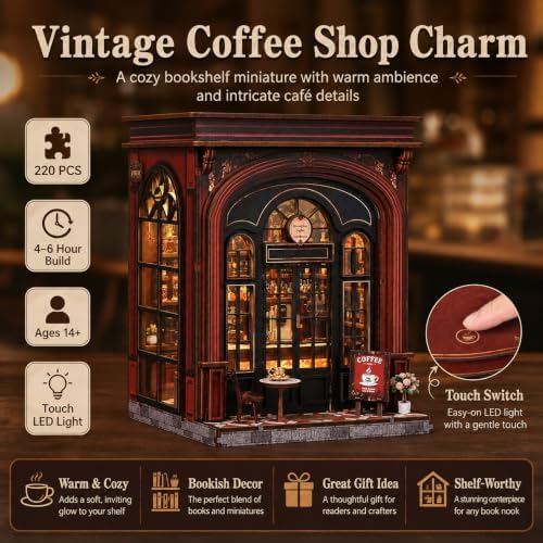 Warmglow Coffee Book Nook Kit for Adults with LED Light, 3D Wooden Puzzle - Image 5