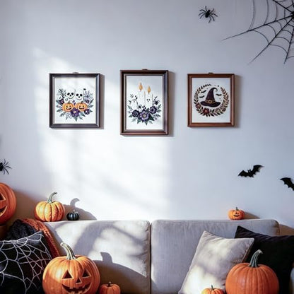FONNUY Halloween Embroidery Kits for Beginners,Skull Pumpkin Spider Web Floral Stamped Cross Stitch Kit for Adults, Spooky Season Boho Wall Decor, 8'' Hoop (Witch Hat) - Image 6