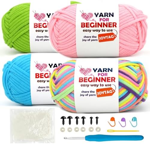 4 Pack Rainbow Beginner Crochet Yarn for Crocheting and Knitting Multicolor Cotton Crochet Yarn for Beginners with Easy-to-See Stitches Cotton-Nylon Blend Easy Yarn for Beginners(Rainbow 03) by JOYTAG