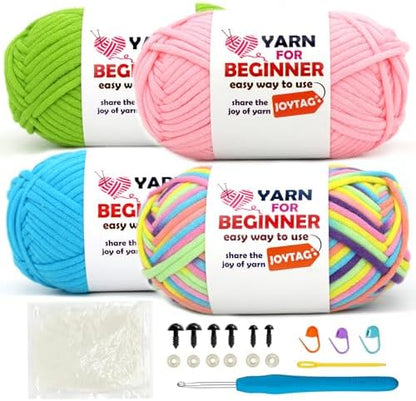 4 Pack Rainbow Beginner Crochet Yarn for Crocheting and Knitting Multicolor Cotton Crochet Yarn for Beginners with Easy-to-See Stitches Cotton-Nylon Blend Easy Yarn for Beginners(Rainbow 03) by JOYTAG
