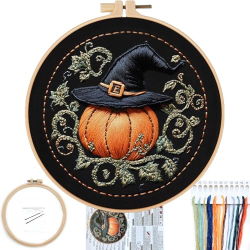 FONNUY Pumpkin Embroidery Kit for Beginners, Pre-Stamped Pattern Kits for Adults with Hoop, Easy to Follow Color Thread Needlework, 8'' Hoop (Witch Hat 4) by FONNUY