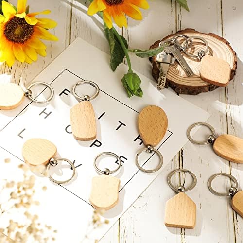 Cunno 40 Pcs Wood Keychain Blanks Unfinished Key Ring, Assorted Shapes - Image 7