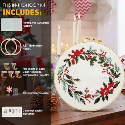 5 Sets Christmas Embroidery Kit for Beginners Adults Embroidery Starter Kit Pine Tree Nutcracker Patterns Winter Xmas Embroiderys Needlepoint Kits Includes Instruction 2 Hoops Color Threads Needles - Image 5