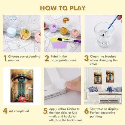 Bowetile Framed Paint by Numbers Eye Kit for Adults Beginners, Adults' Paint-by-Number Kits on Canvas, Painting by Numbers Lotus, Acrylic Vintage Number Painting for Home Wall Decor, 8x12in - Image 5
