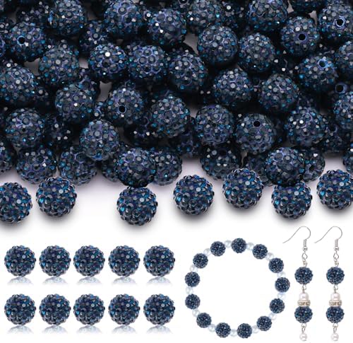 160pcs 10mm Rhinestone Beads for Jewelry Making, Blue Black Shiny Round Disco Ball Beads Bulk, Sparkle Crystal Clay Christmas for Bracelet Baseball Necklace Earring Crafting and DIY by TINKRSTUFF